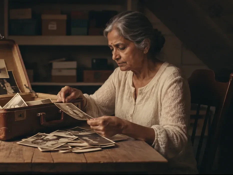 A woman looking through old photographs from an open suitcase